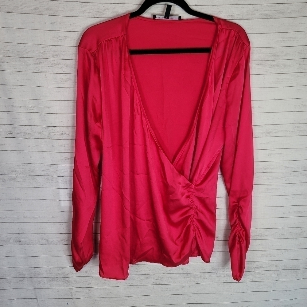 WHITE HOUSE BLACK MARKET HOT PINK SATIN BLOUSE W SIDE RUCHING, SZ LARGE